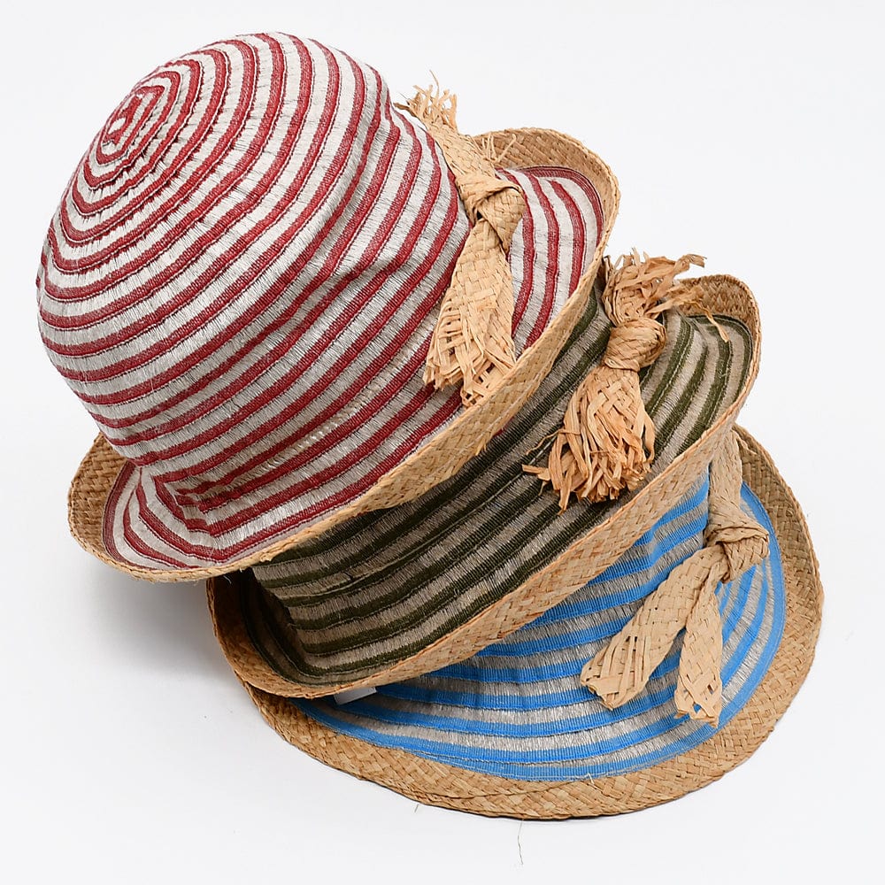 Bucket Hat in linen & straw - Dark red