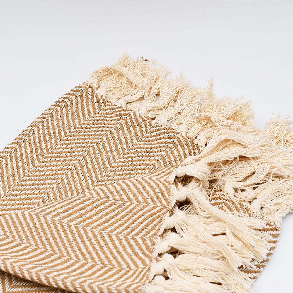 Herringbone I Cotton Fringed Blanket - Beige