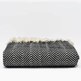 Herringbone I Cotton Fringed Blanket - Black