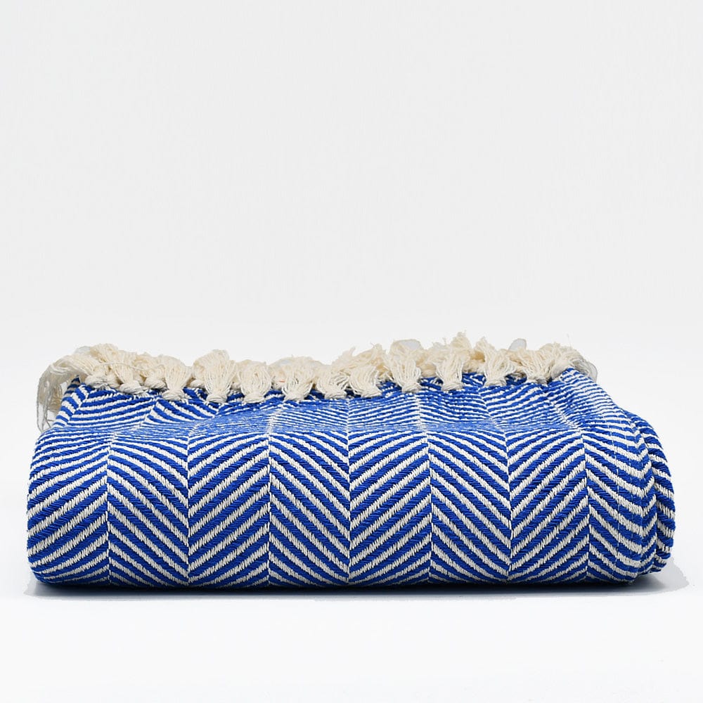 Herringbone I Cotton Fringed Blanket - Blue