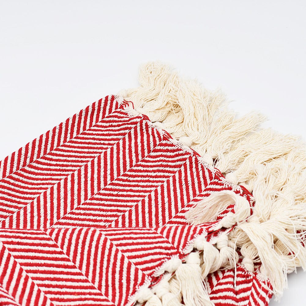 Herringbone I Cotton Fringed Blanket - Dark red