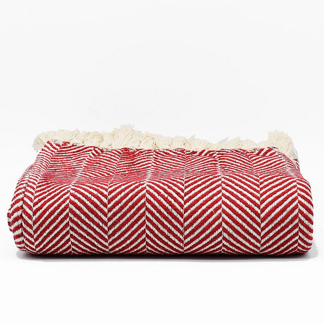 Herringbone I Cotton Fringed Blanket - Dark red