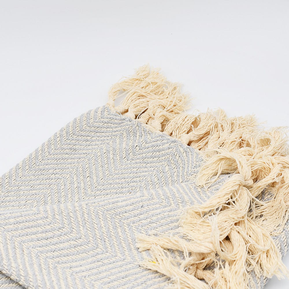 Herringbone I Cotton Fringed Blanket - Light Grey