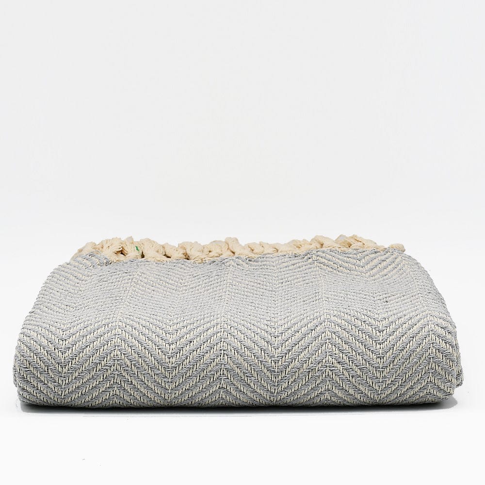 Herringbone I Cotton Fringed Blanket - Light Grey