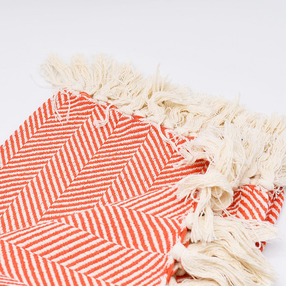 Herringbone I Cotton Fringed Blanket - Orange