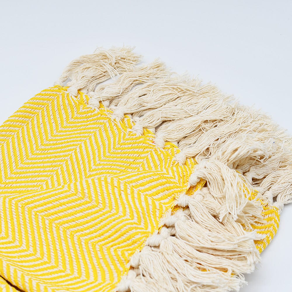 Herringbone I Cotton Fringed Blanket - Yellow