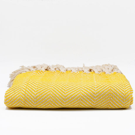 Herringbone I Cotton Fringed Blanket - Yellow