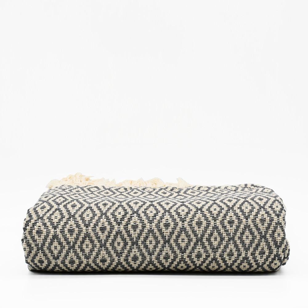 Losango I Cotton Fringed Blanket - Dark grey