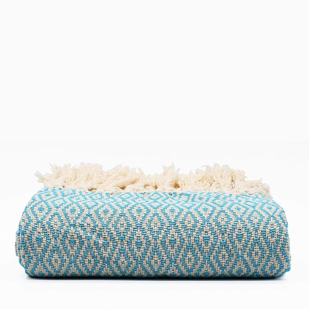 Losango I Cotton Fringed Blanket - Turquoise