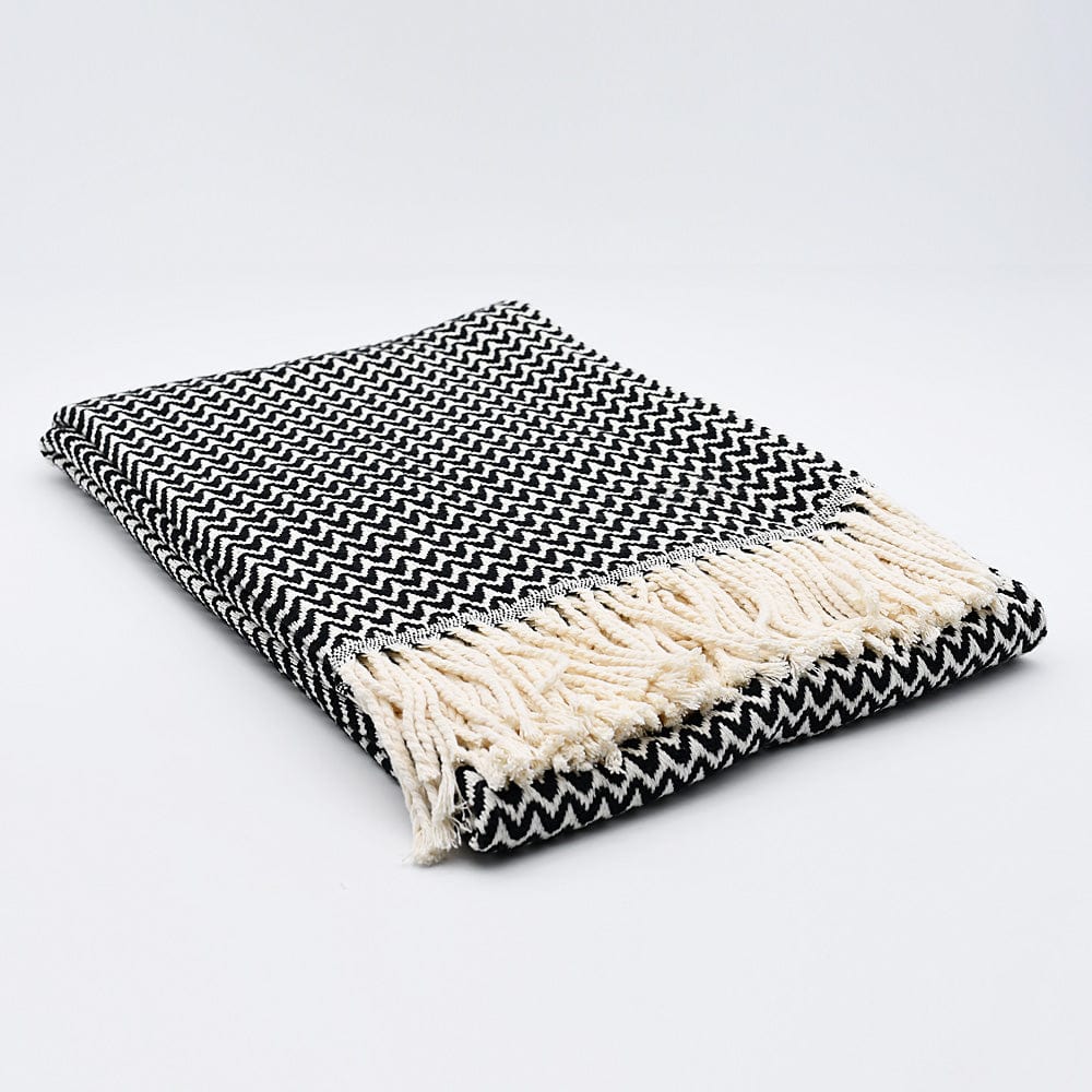 Ondas I Cotton Fringed Blanket - Black