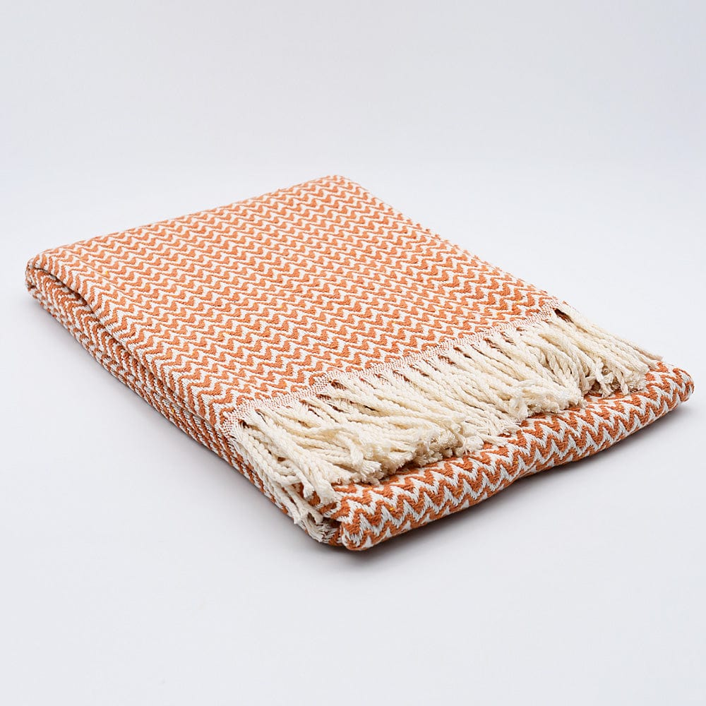 Ondas I Cotton Fringed Blanket - Terracotta