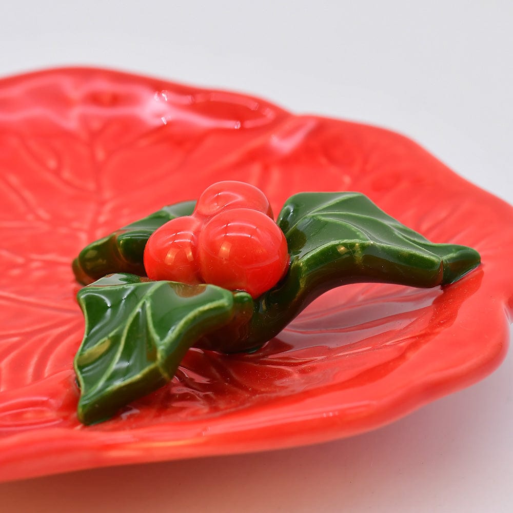 Small Ceramic Dish with a Holly Leaf  - Red