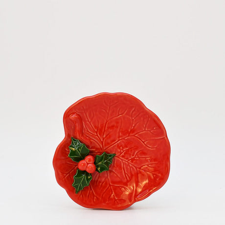 Small Ceramic Dish with a Holly Leaf  - Red