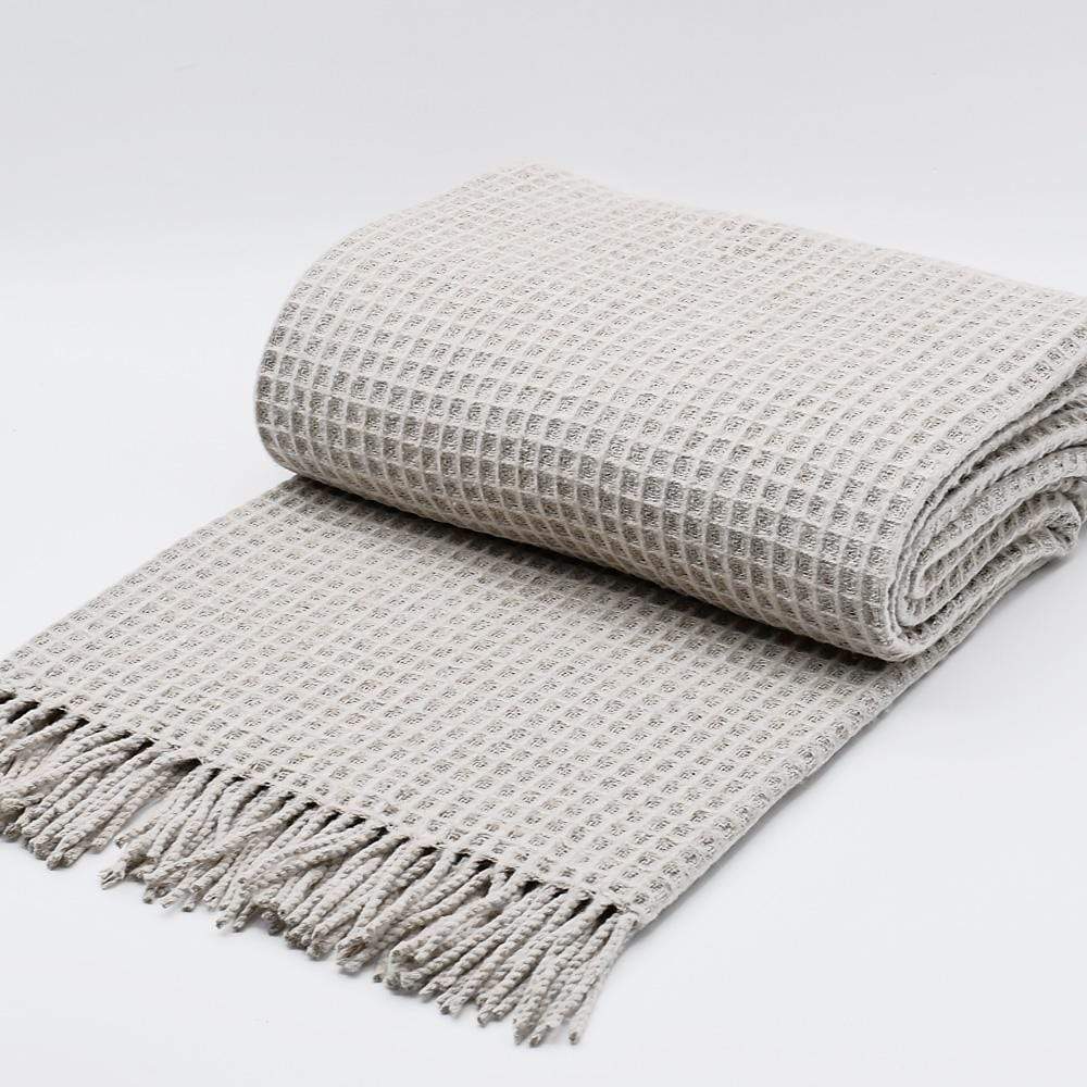 Waffle I Fringed Cotton Blanket - Beige