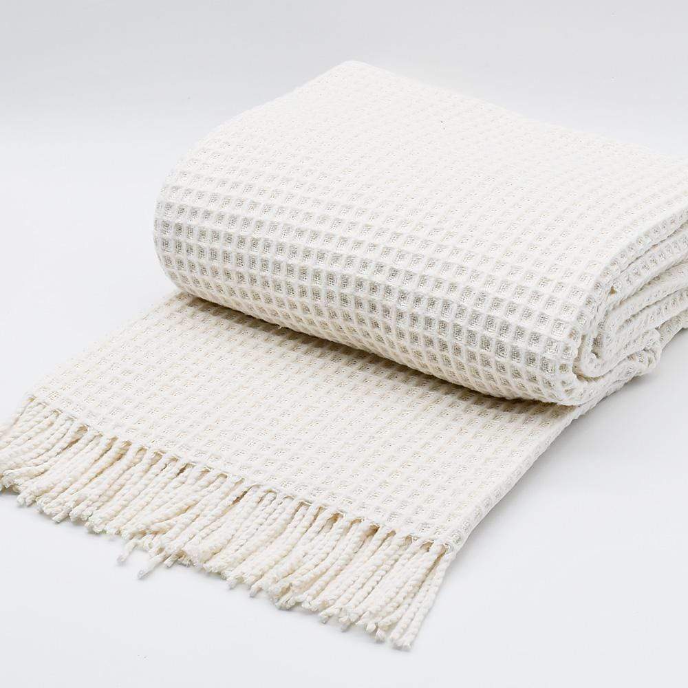 Waffle I Fringed Cotton Blanket - Off-white